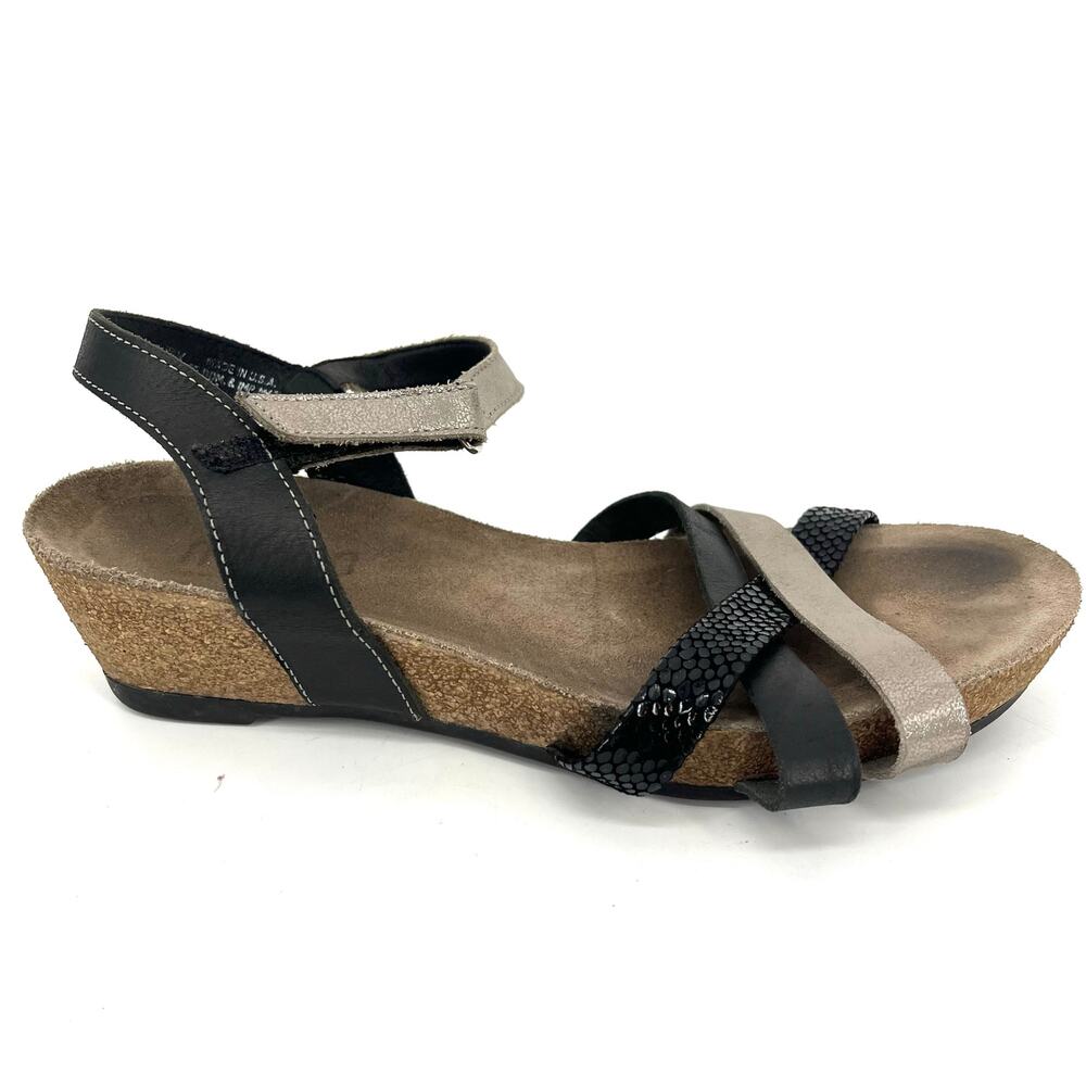Munro Women's Eden Black Sliver Snakeskin Slingback Cork Wedge Sandals 8